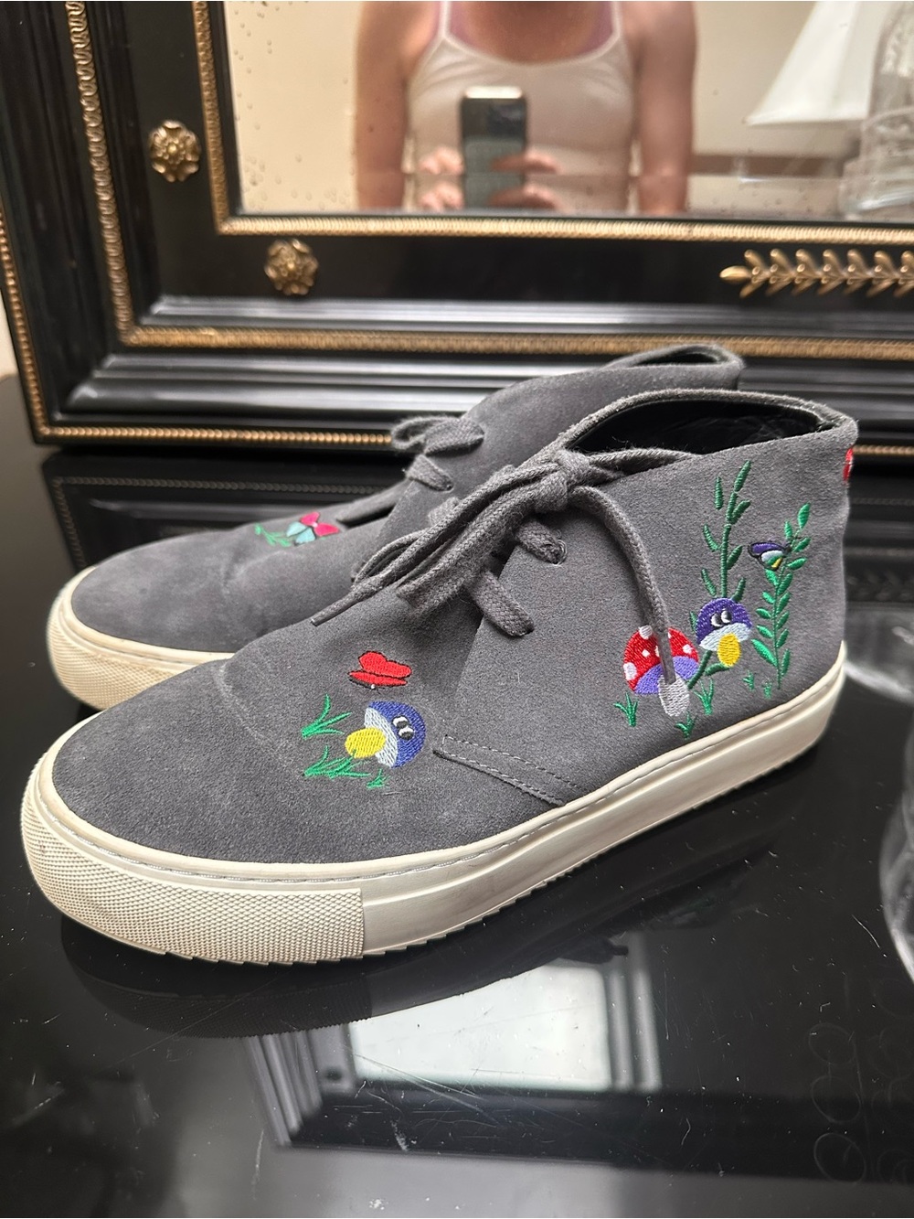 Mira Mikati Grey Suede Sneakers with Colorful Embroidered Birds and Mushrooms